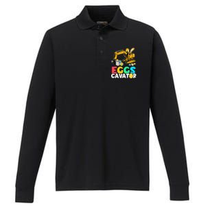 EggsCavator Happy Easter Excavator Hunting Egg Performance Long Sleeve Polo