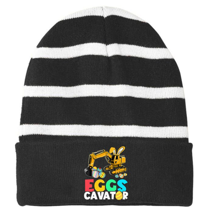 EggsCavator Happy Easter Funny Excavator Hunting Egg Striped Beanie with Solid Band