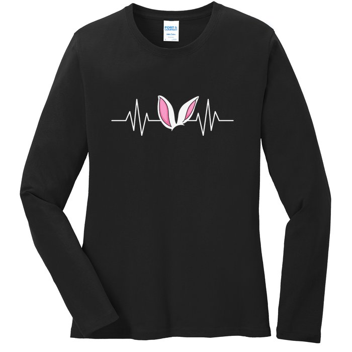 Easter Heartbeat Easter Day Cute Ears Bunny Girl Women Ladies Long Sleeve Shirt