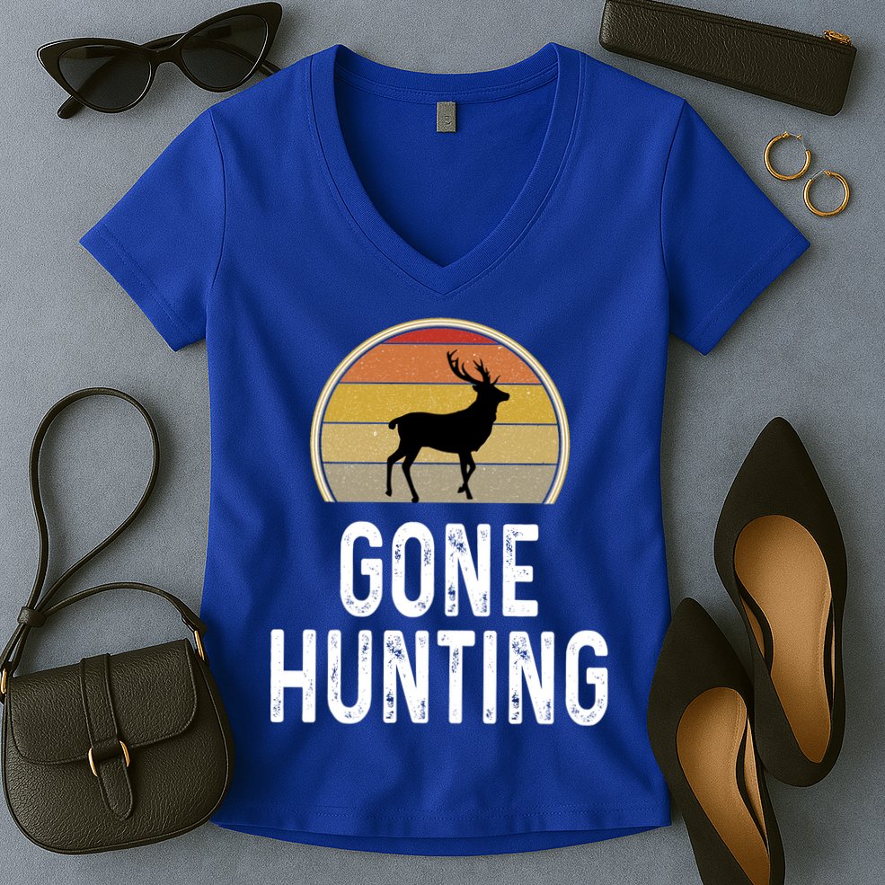 Elk Hunter Funny Gift Funny Elk Hunting Gift Gone Hunting Retro Funny Gift Women's V-Neck T-Shirt