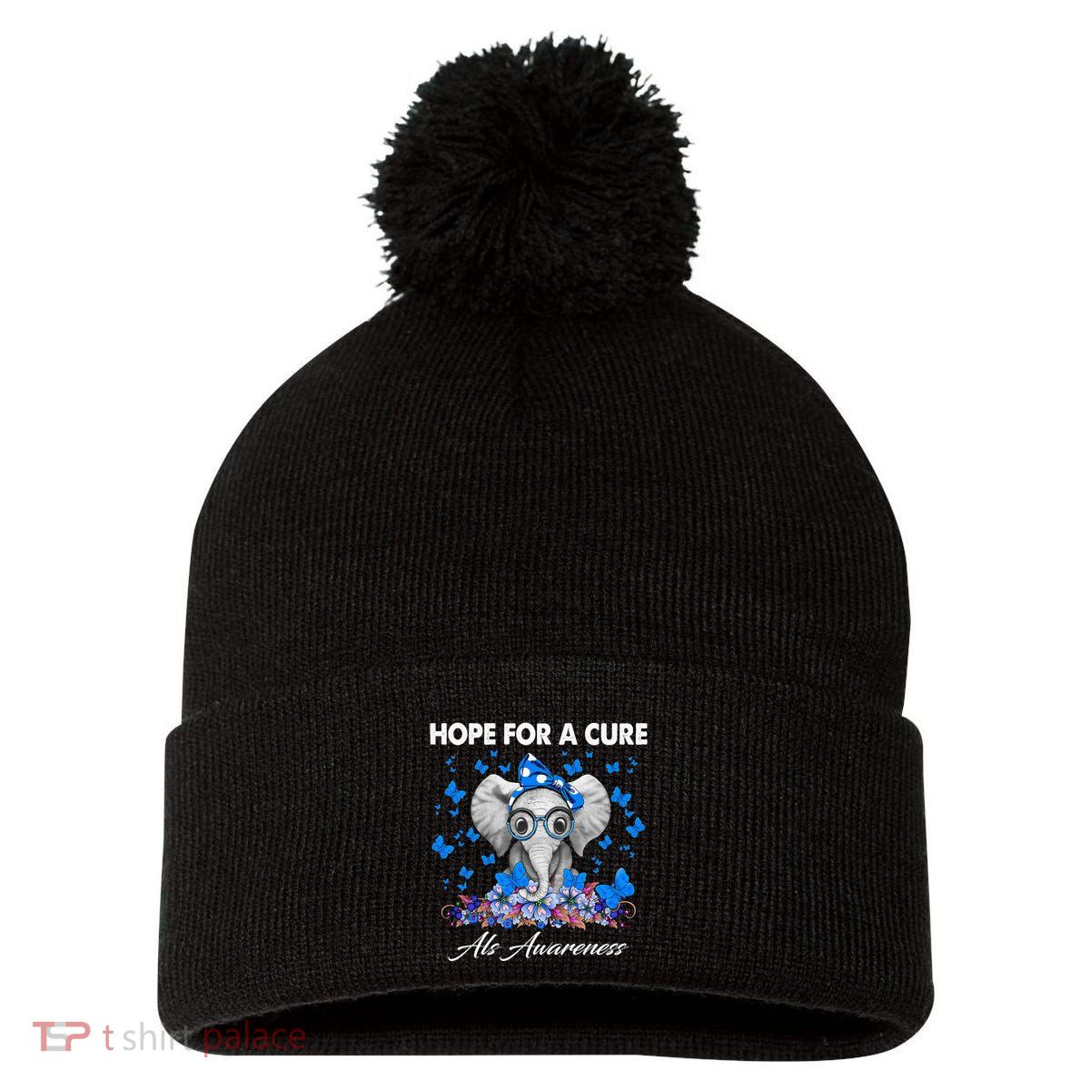 Elephant Hope For a Cure Als Awareness Pom Pom 12in Knit Beanie