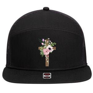 Easter Holiday Floral Cross 7 Panel Mesh Trucker Snapback Hat