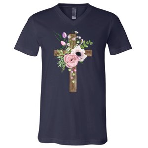 Easter Holiday Floral Cross V-Neck T-Shirt