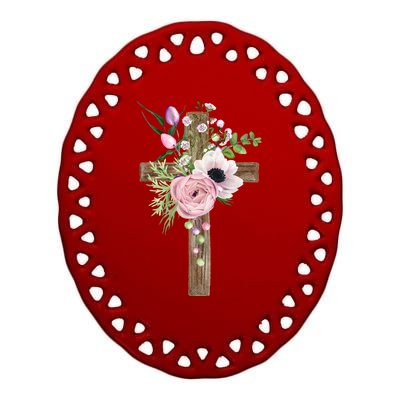 Easter Holiday Floral Cross Ceramic Oval Ornament