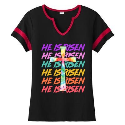 Easter He Is Risen Tie Dye Cross Ladies Halftime Notch Neck Tee