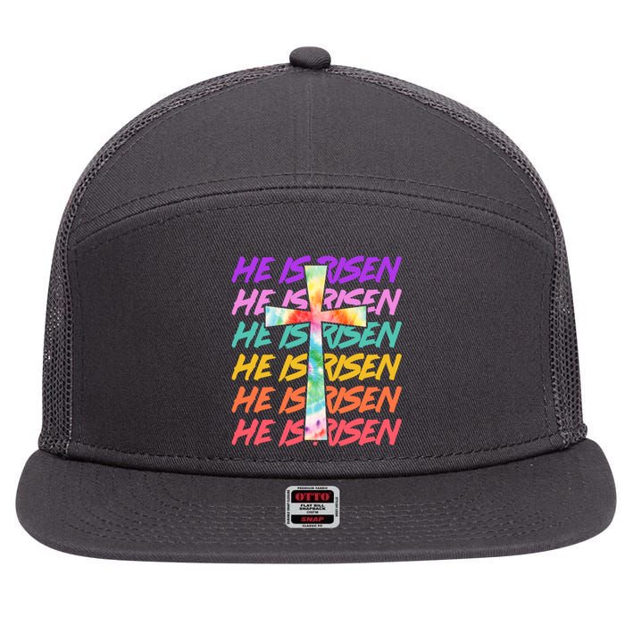 Easter He Is Risen Tie Dye Cross 7 Panel Mesh Trucker Snapback Hat