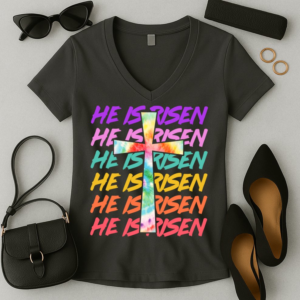 Easter He Is Risen Tie Dye Cross Women's V-Neck T-Shirt