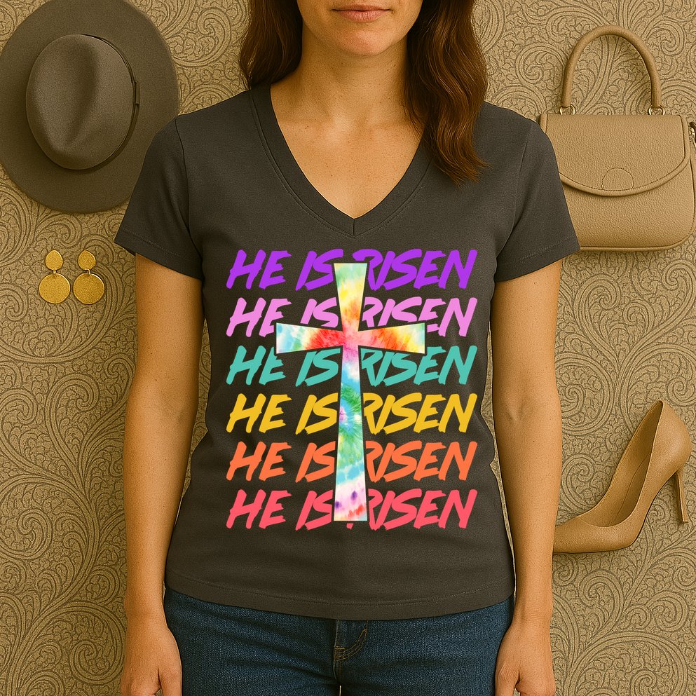 Easter He Is Risen Tie Dye Cross Women's V-Neck T-Shirt