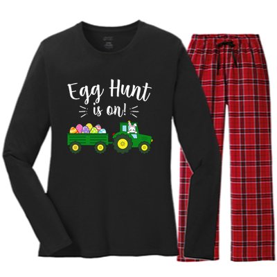 Egg Hunt Is On Tractor Easter Bunny rabbit Women's Long Sleeve Flannel Pajama Set 