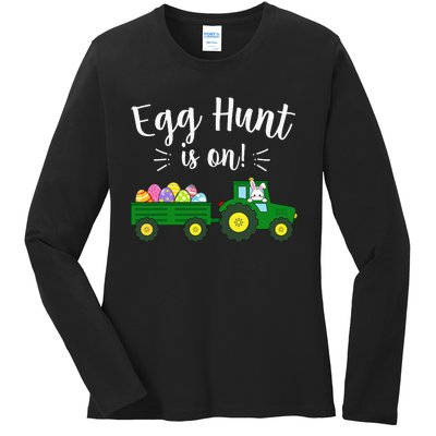 Egg Hunt Is On Tractor Easter Bunny rabbit Ladies Long Sleeve Shirt