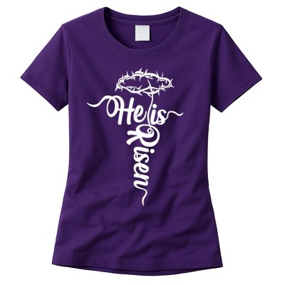 Easter He Is Risen Jesus Crown Of Thorns Cross Womens T-Shirt