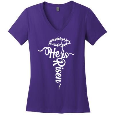 Easter He Is Risen Jesus Crown Of Thorns Cross Women's V-Neck T-Shirt