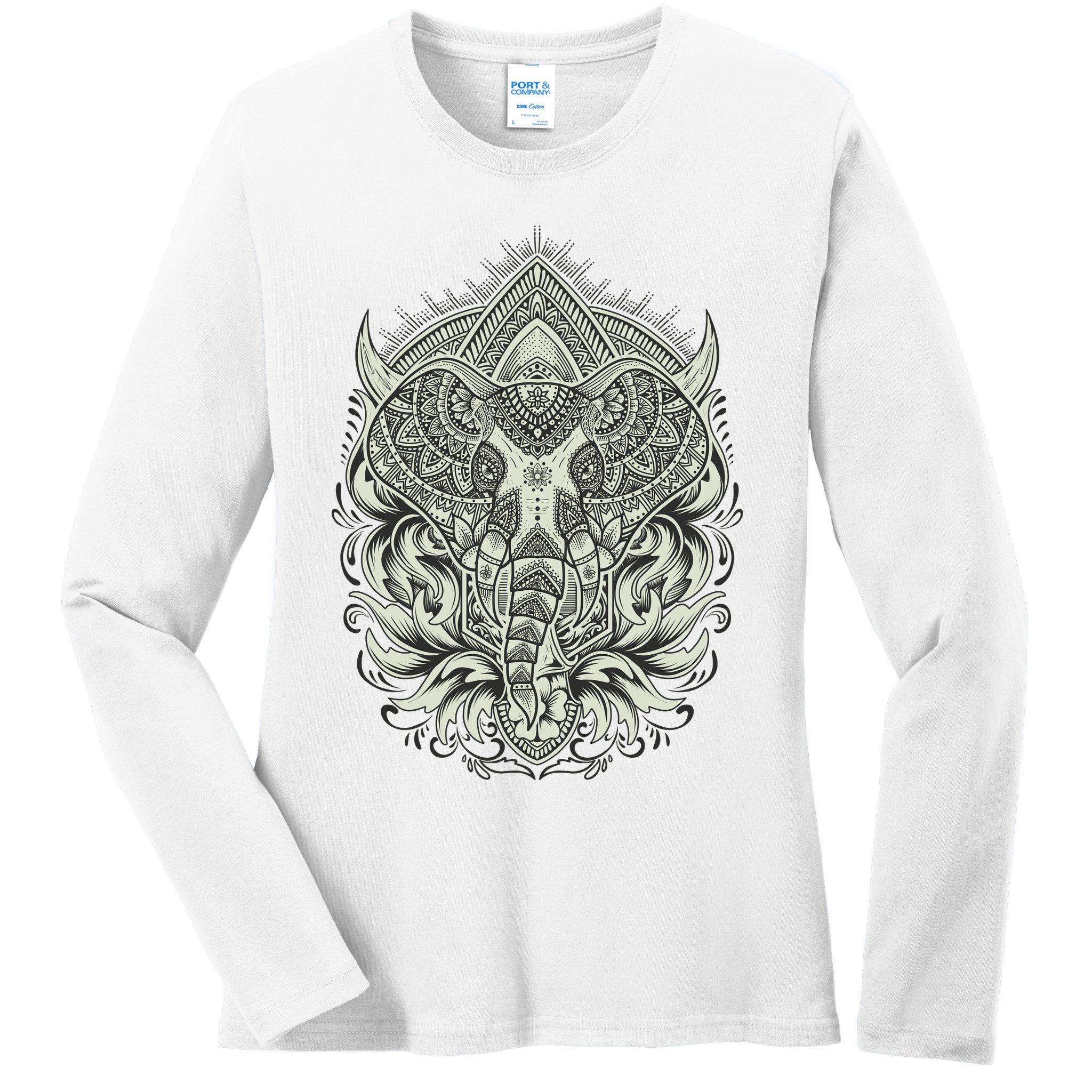 Elephant Head Mandala Ladies Long Sleeve Shirt