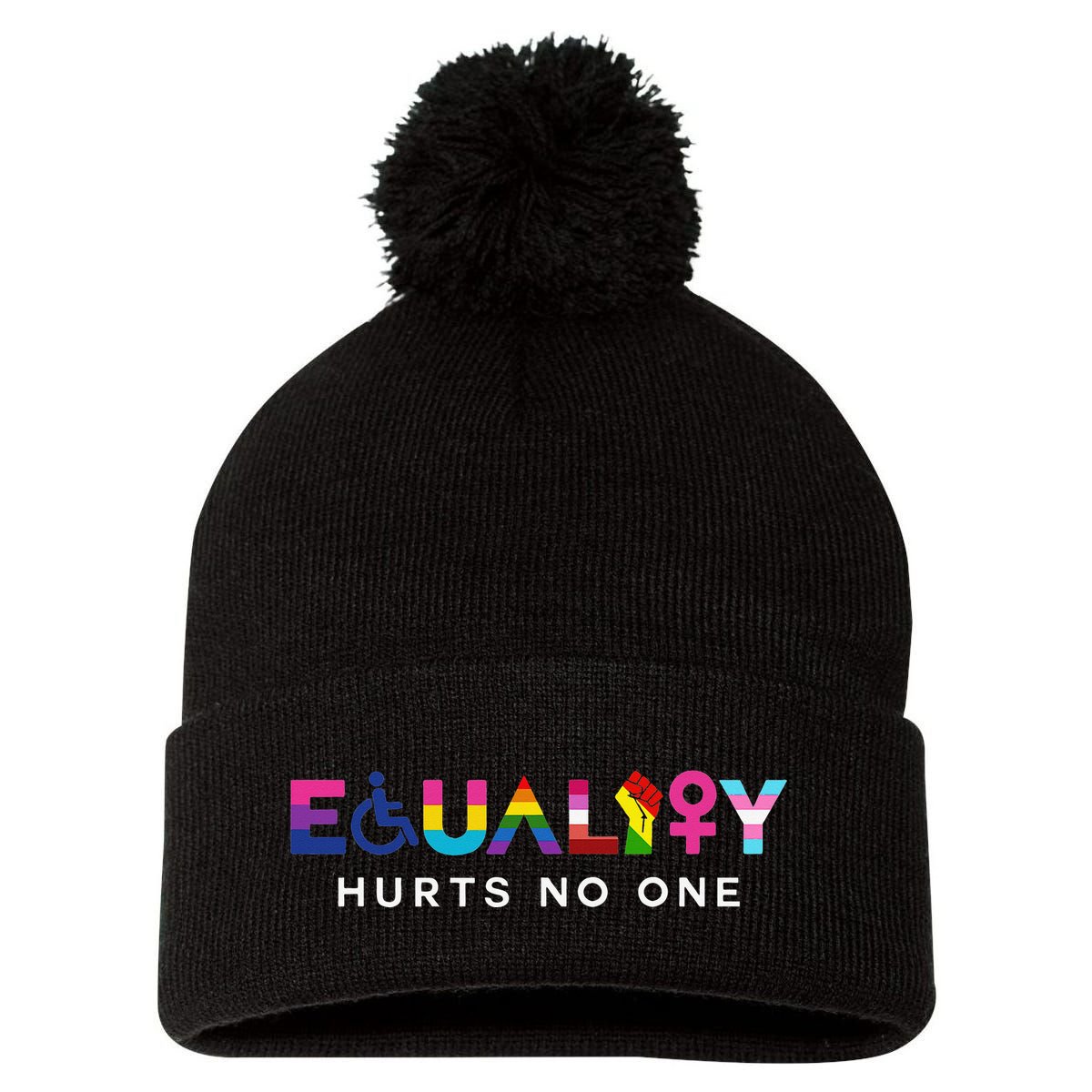 Equality Hurts No One LGBT Black Disabled  Right Kind Pom Pom 12in Knit Beanie