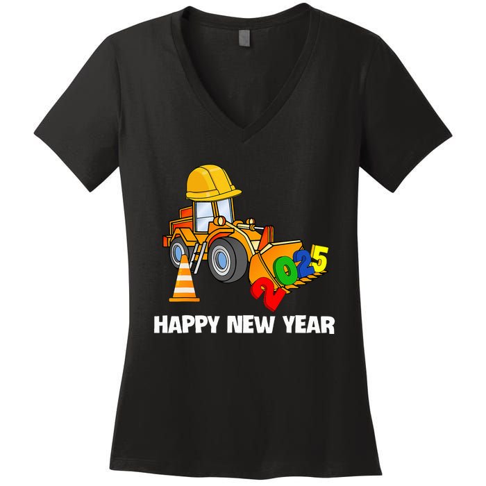 Excavator Happy New Year 2025 Nye Party Women's V-Neck T-Shirt