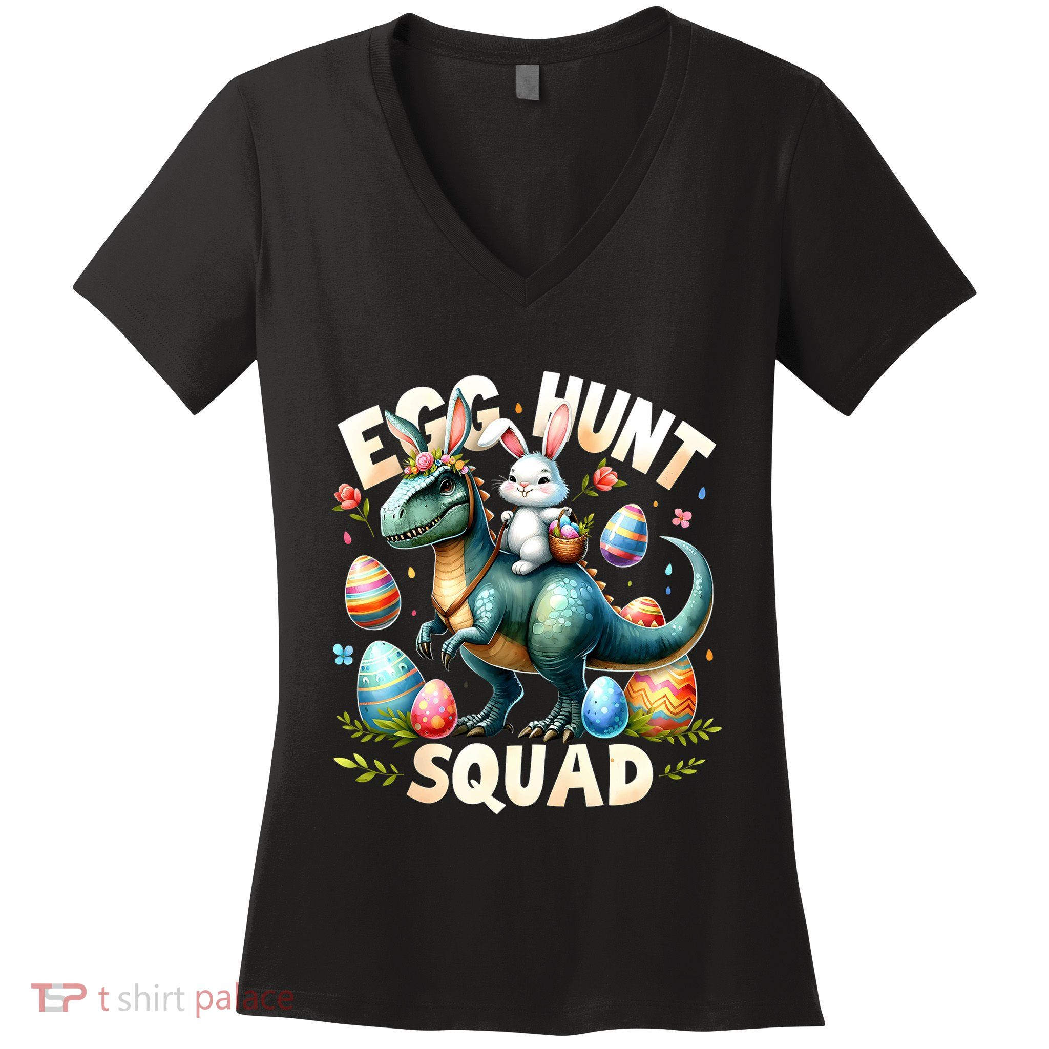 Egg Hunt Squad Bunny Dinosaur Easter Day Bunny Egg Hunt Women's V-Neck T-Shirt