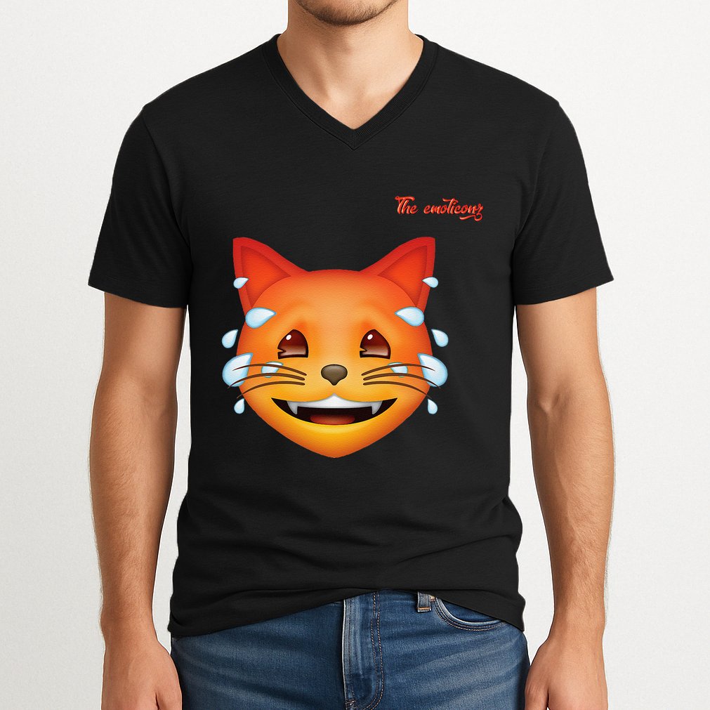 Emoji Heated Sweating Cat Face V-Neck T-Shirt