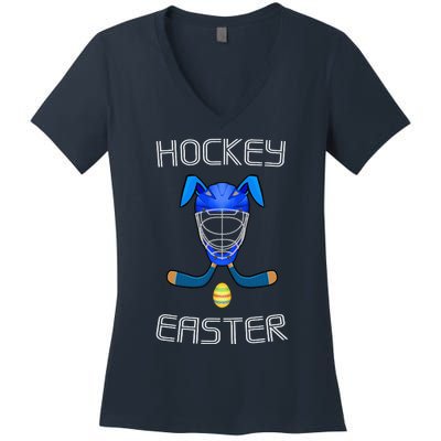 Easter Hockey Stick Puck Goalie Mask Bunny Ears Eggs T Women's V-Neck T-Shirt