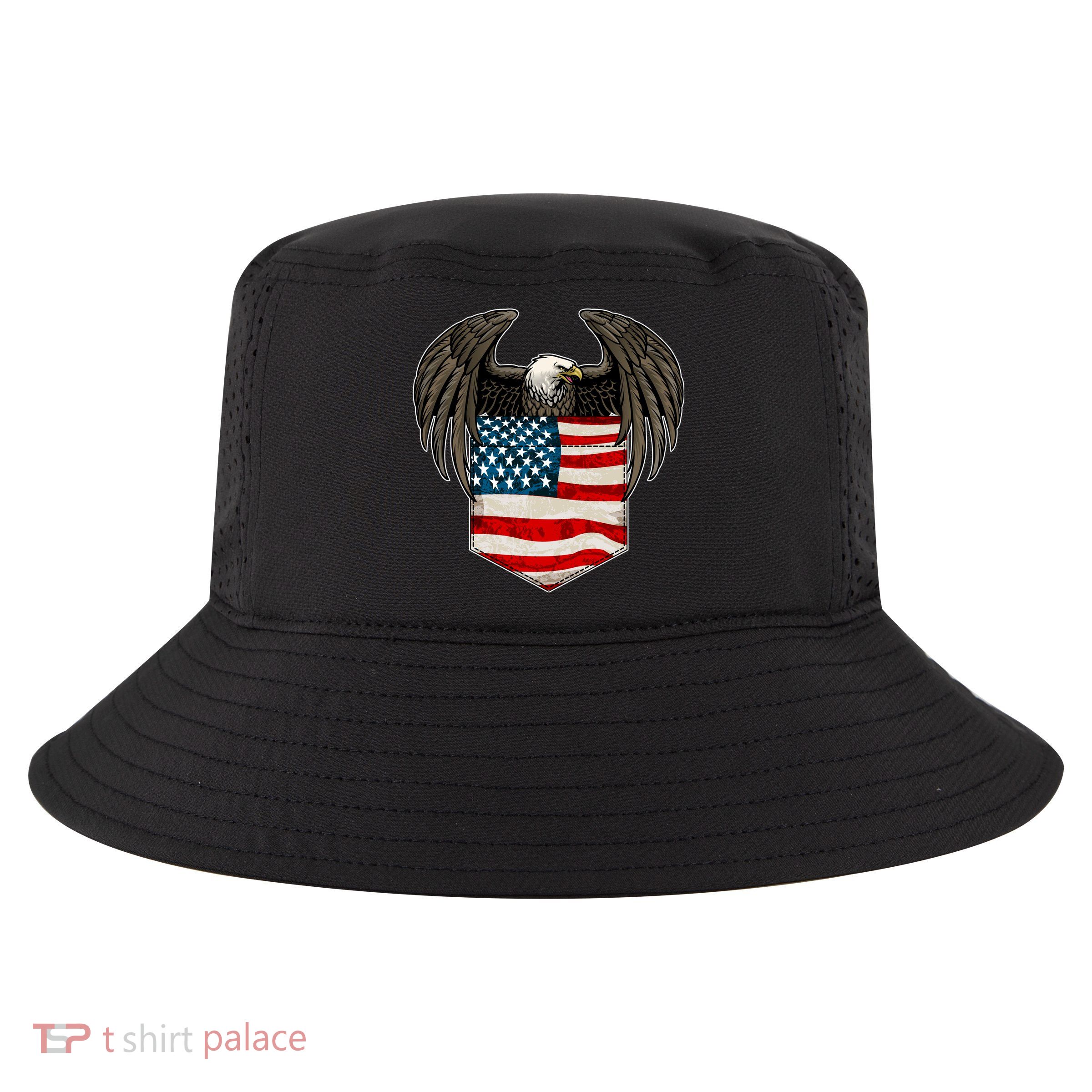 Eagle In American USA Flag Pocket Cool Comfort Performance Bucket Hat