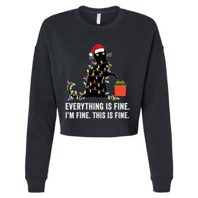 Everything Is Fine Funny Christmas Naughty Cat Xmas Light Cute Gift Cropped Pullover Crew