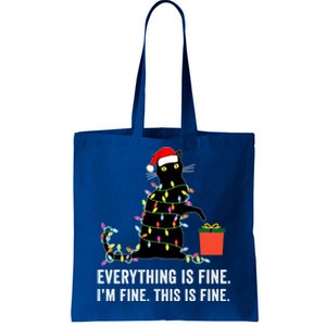 Everything Is Fine Funny Christmas Naughty Cat Xmas Light Cute Gift Tote Bag