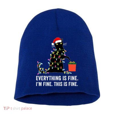 Everything Is Fine Funny Christmas Naughty Cat Xmas Light Cute Gift Short Acrylic Beanie