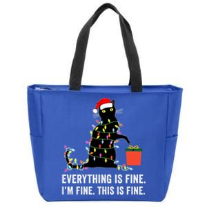 Everything Is Fine Funny Christmas Naughty Cat Xmas Light Cute Gift Zip Tote Bag