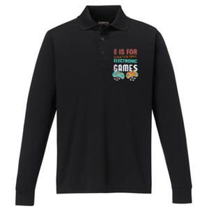 E Is For Electronic Games Cute Easters Day Game Lover Performance Long Sleeve Polo