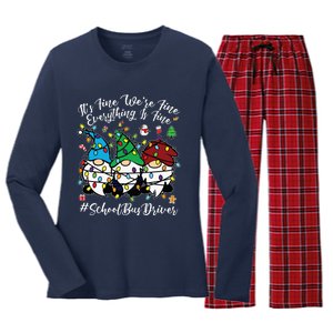 Everything Is Fine Christmas School Bus Driver Cute Gnomies Women's Long Sleeve Flannel Pajama Set 