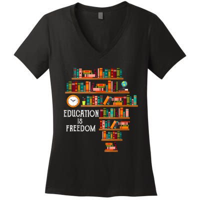 Education Is Freedom Book Reader Black History Month Pride Women's V-Neck T-Shirt