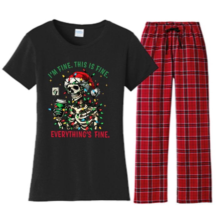 Everything Is Fine Christmas Lights Xmas Skeleton Halloween Women's Flannel Pajama Set