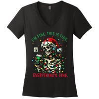 Everything Is Fine Christmas Lights Xmas Skeleton Halloween Women's V-Neck T-Shirt