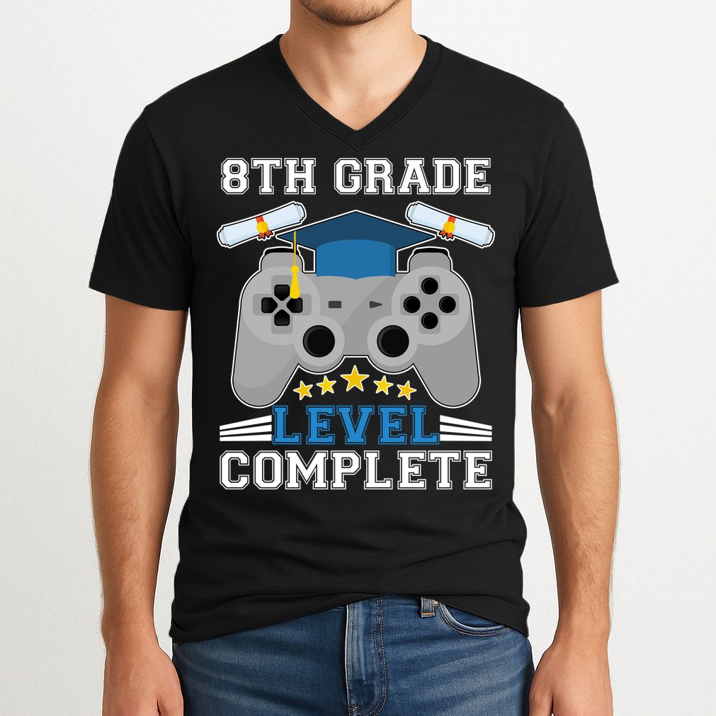 Eight 8th Grade Level Complete Gamer Graduation V-Neck T-Shirt