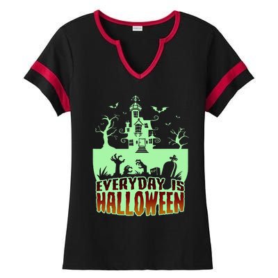 EVERYDAY IS HALLOWEEN Creepy Scary Castle House & Bats Ladies Halftime Notch Neck Tee