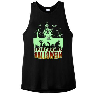 EVERYDAY IS HALLOWEEN Creepy Scary Castle House & Bats Ladies PosiCharge Tri-Blend Wicking Tank