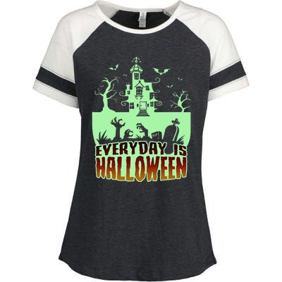 EVERYDAY IS HALLOWEEN Creepy Scary Castle House & Bats Enza Ladies Jersey Colorblock Tee