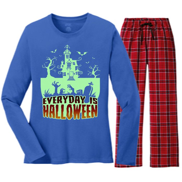 EVERYDAY IS HALLOWEEN Creepy Scary Castle House & Bats Women's Long Sleeve Flannel Pajama Set 