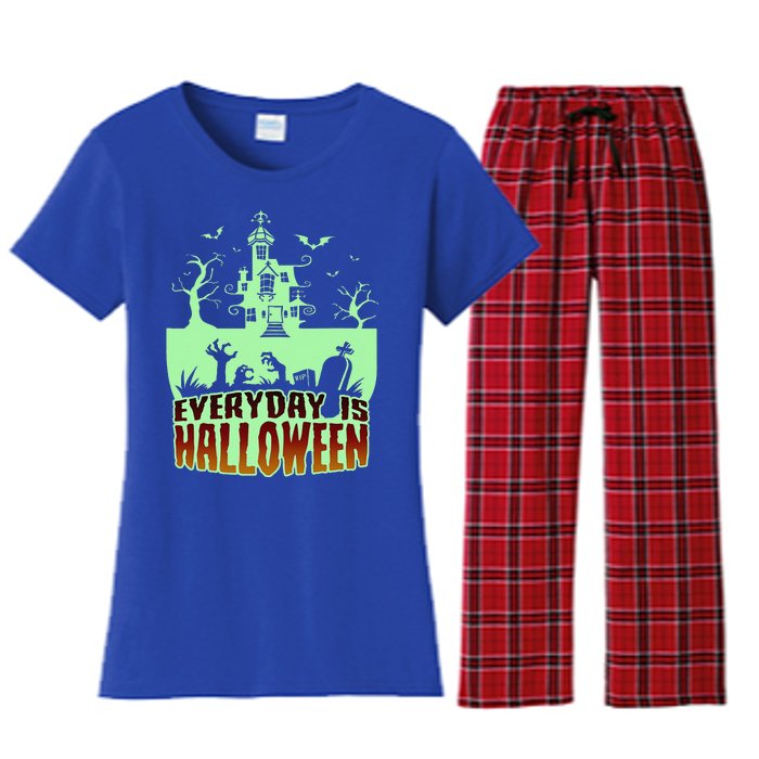 EVERYDAY IS HALLOWEEN Creepy Scary Castle House & Bats Women's Flannel Pajama Set