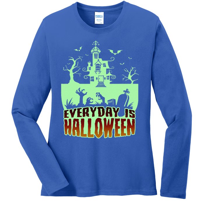 EVERYDAY IS HALLOWEEN Creepy Scary Castle House & Bats Ladies Long Sleeve Shirt