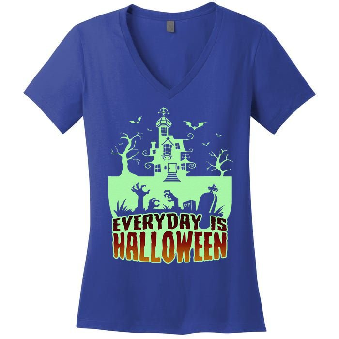 EVERYDAY IS HALLOWEEN Creepy Scary Castle House & Bats Women's V-Neck T-Shirt