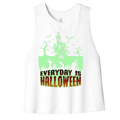 EVERYDAY IS HALLOWEEN Creepy Scary Castle House & Bats Women's Racerback Cropped Tank