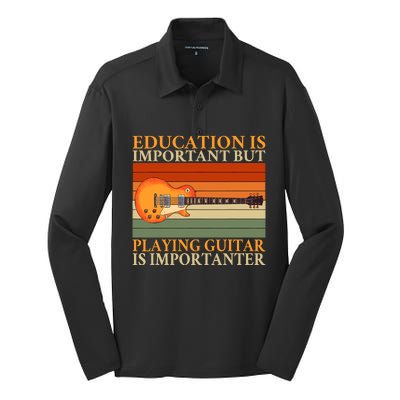 Education Is Important But Playing Guitar Is Importanter Silk Touch Performance Long Sleeve Polo