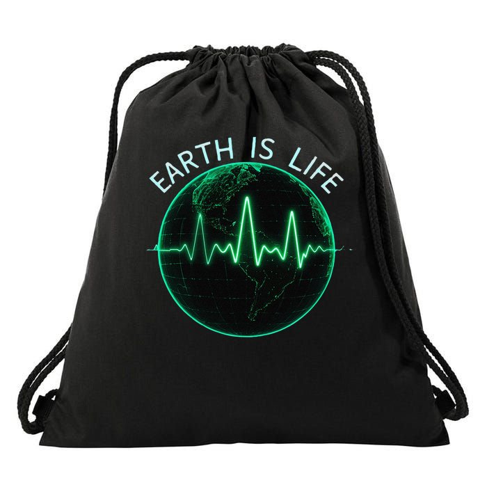 Earth Is Life Planet Day Globe Heartbeat Electrocardiogram Drawstring Bag