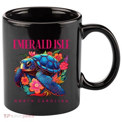 Emerald Isle North Carolina Floral Beach Turtle Souvenir 11oz C Handle Ceramic Mug