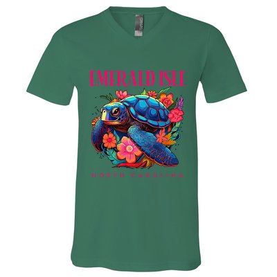 Emerald Isle North Carolina Floral Beach Turtle Souvenir V-Neck T-Shirt