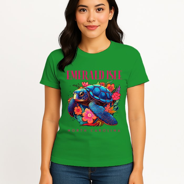 Emerald Isle North Carolina Floral Beach Turtle Souvenir Womens T-Shirt