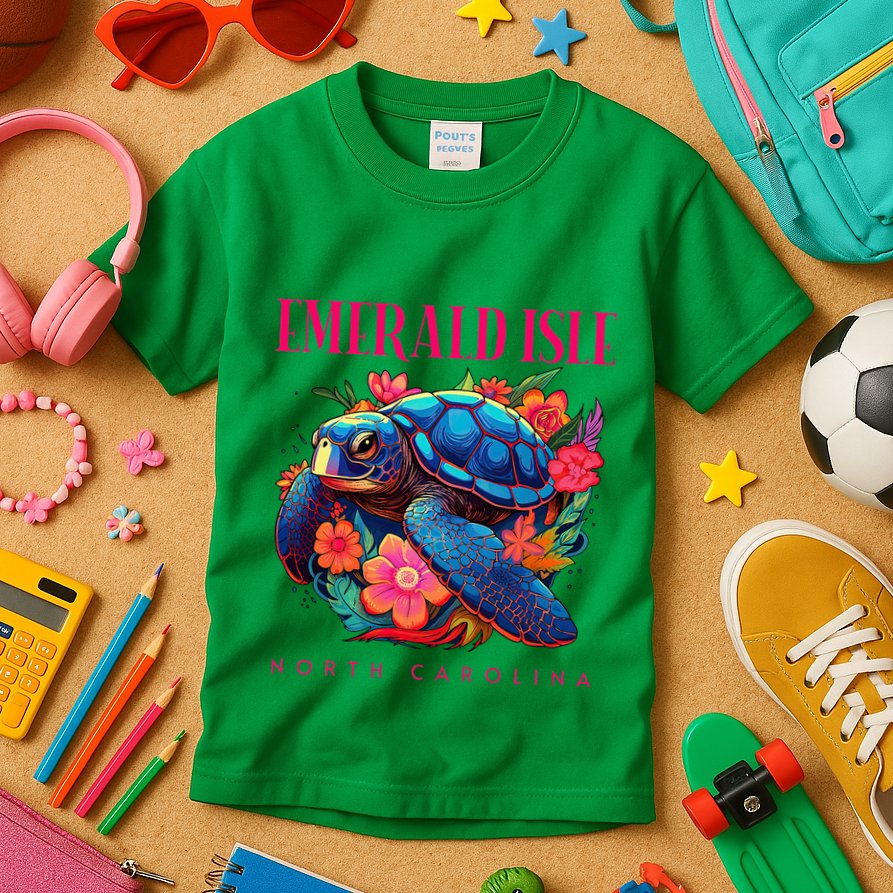 Emerald Isle North Carolina Floral Beach Turtle Souvenir Kids T-Shirt