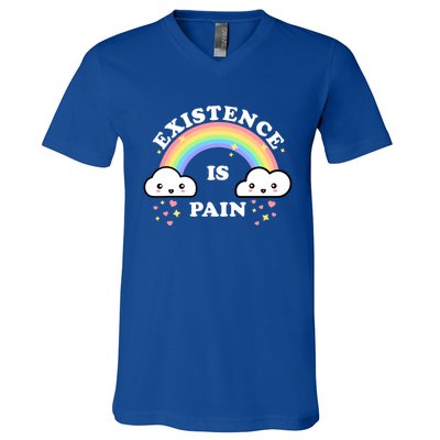 Existence Is Pain Funny Sarcastic Cute Rainbow Clouds Emo Cool Gift V-Neck T-Shirt