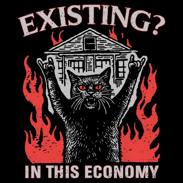 Existing In This Economy Funny Cat Meme Humor Joke Sarcastic .Png Flexfit Unipanel Trucker Cap