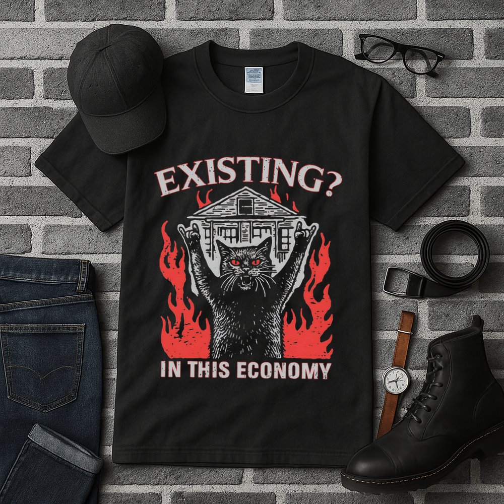 Existing In This Economy Funny Cat Meme Humor Joke Sarcastic .Png Tall T-Shirt